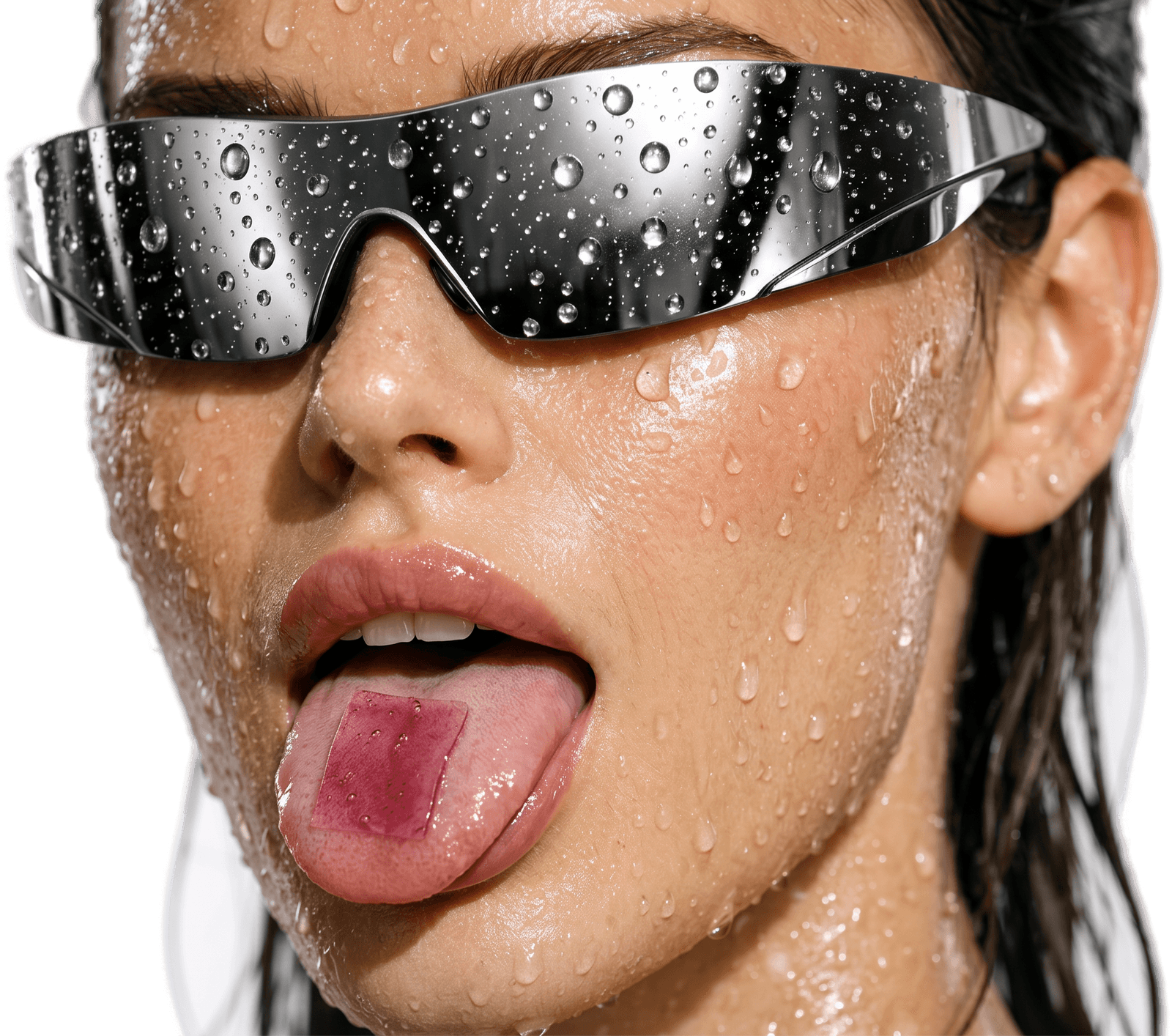 Close-up of a model with chrome wrap sunglasses and a 4you strip on her tongue